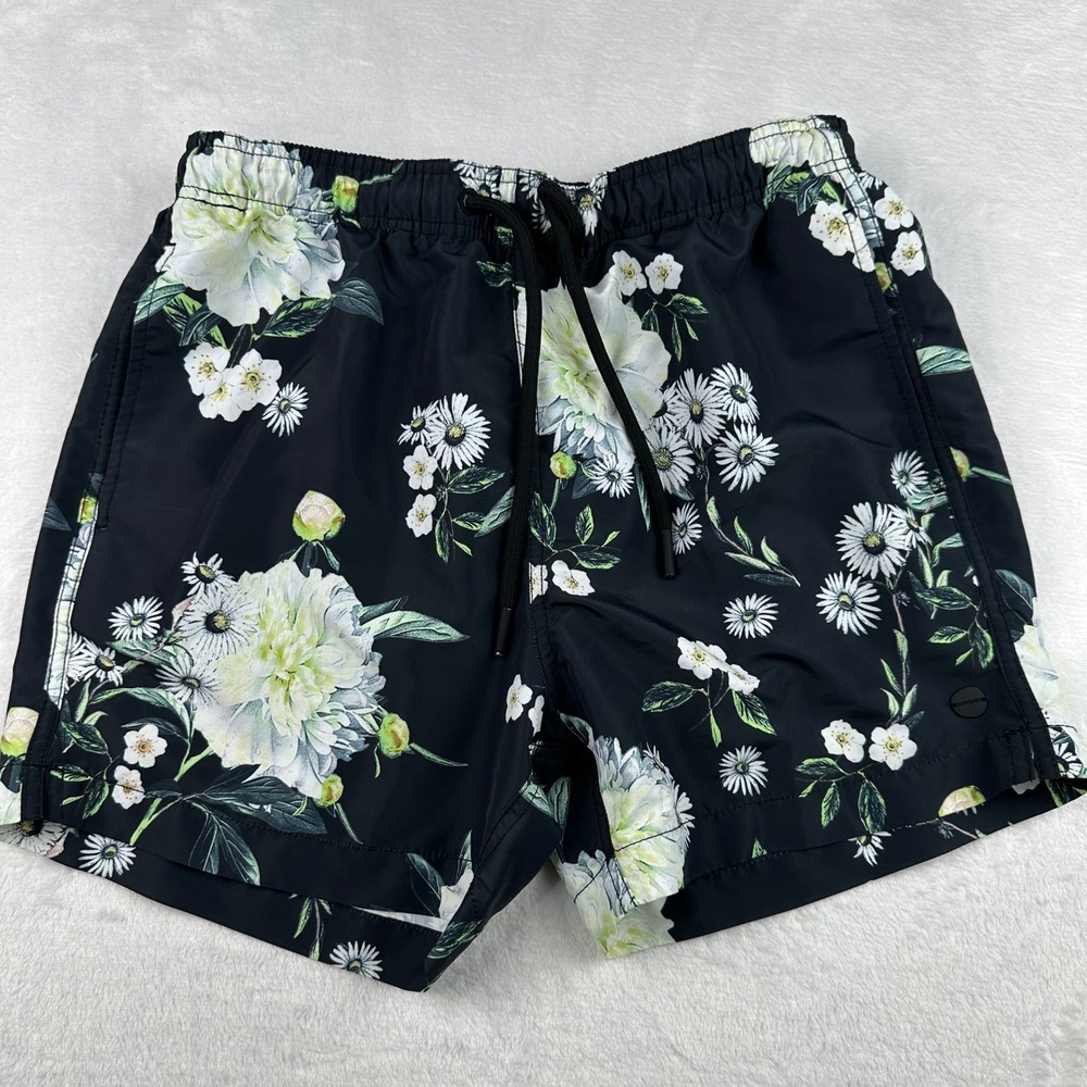 Superdry Studios Mens Floral Swim Trunks Black Peony Daisy Board Shorts Hawaiian